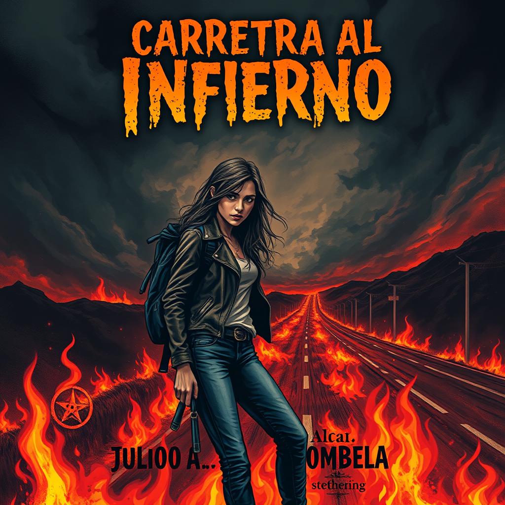 A haunting book cover inspired by the style of Stephen King, featuring a young woman hitchhiking on a roadside engulfed in flames