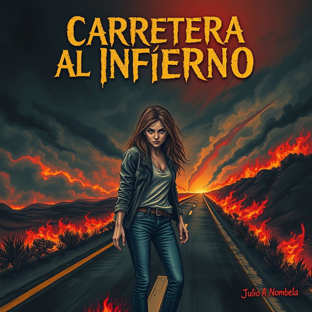 A haunting book cover inspired by the style of Stephen King, featuring a young woman hitchhiking on a roadside engulfed in flames