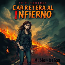 A haunting book cover inspired by the style of Stephen King, featuring a young woman hitchhiking on a roadside engulfed in flames