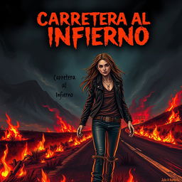 A haunting book cover inspired by the style of Stephen King, featuring a young woman hitchhiking on a roadside engulfed in flames
