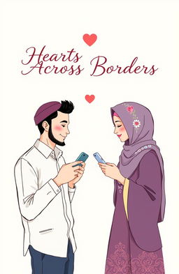 A charming illustration of a separated cover design featuring a man and a woman, both Muslim, representing a long-distance relationship