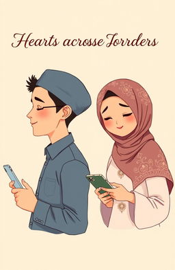 A charming illustration of a separated cover design featuring a man and a woman, both Muslim, representing a long-distance relationship