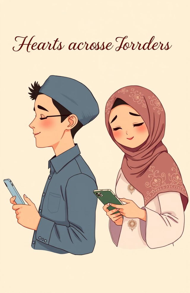 A charming illustration of a separated cover design featuring a man and a woman, both Muslim, representing a long-distance relationship