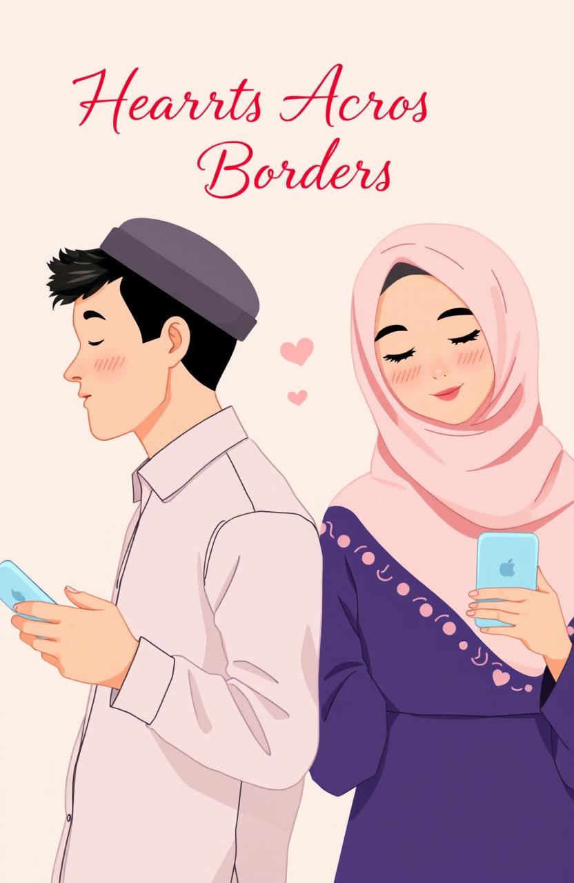 A charming illustration of a separated cover design featuring a man and a woman, both Muslim, representing a long-distance relationship