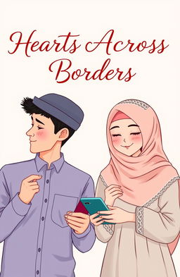 A charming illustration of a separated cover design featuring a man and a woman, both Muslim, representing a long-distance relationship