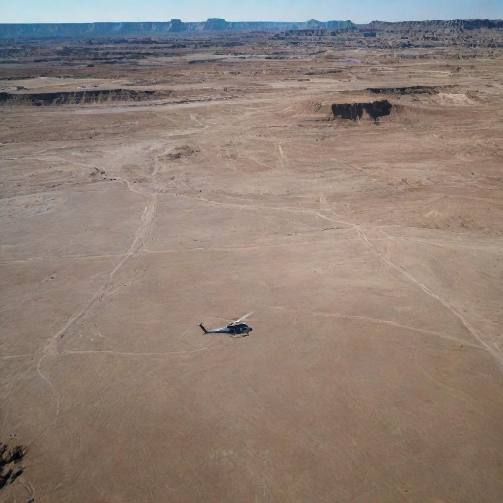 Revise the image to display John Hammond's helicopter landing near large, unearthed dinosaur bones in the Badlands, casting dramatic shadows over the desolate landscape.