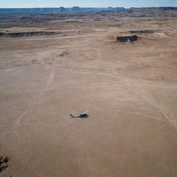 Revise the image to display John Hammond's helicopter landing near large, unearthed dinosaur bones in the Badlands, casting dramatic shadows over the desolate landscape.