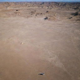 Revise the image to display John Hammond's helicopter landing near large, unearthed dinosaur bones in the Badlands, casting dramatic shadows over the desolate landscape.