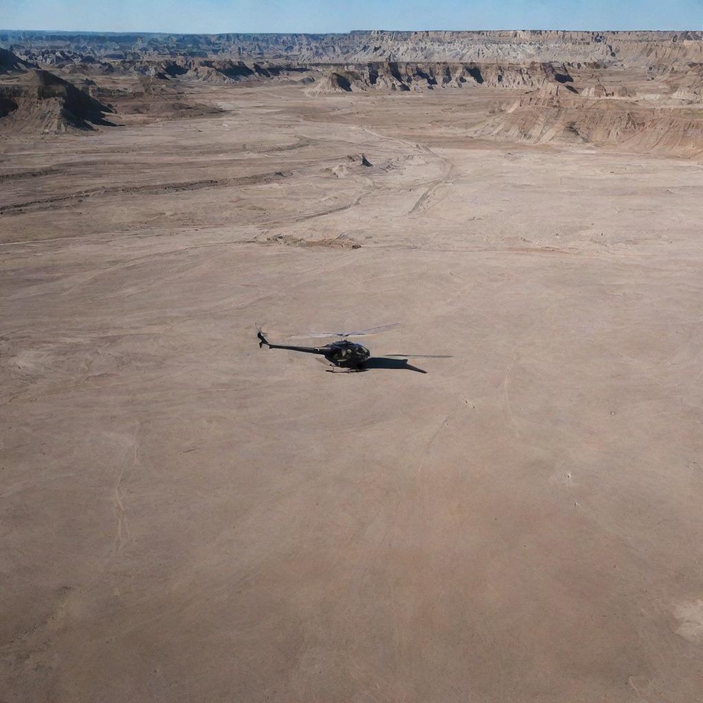 Revise the image to display John Hammond's helicopter landing near large, unearthed dinosaur bones in the Badlands, casting dramatic shadows over the desolate landscape.