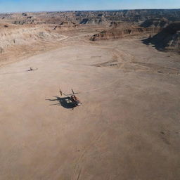 Revise the image to display John Hammond's helicopter landing near large, unearthed dinosaur bones in the Badlands, casting dramatic shadows over the desolate landscape.