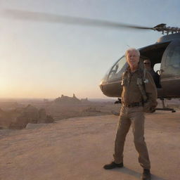 Adjust the image to capture John Hammond and Alan Grant, in casual explorer gear, taking off in the helicopter from the Badlands towards Isla Nublar, visible in the distance against a setting sun.