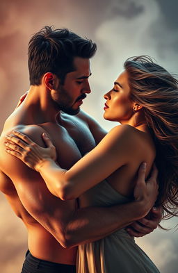 A passionate scene depicting a man holding a woman closely, showcasing an intense, obsessive connection between them