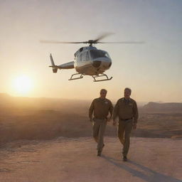 Adjust the image to capture John Hammond and Alan Grant, in casual explorer gear, taking off in the helicopter from the Badlands towards Isla Nublar, visible in the distance against a setting sun.