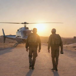 Adjust the image to capture John Hammond and Alan Grant, in casual explorer gear, taking off in the helicopter from the Badlands towards Isla Nublar, visible in the distance against a setting sun.