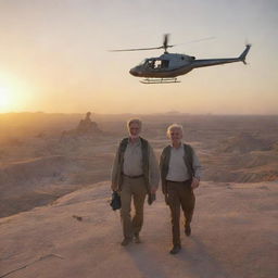 Adjust the image to capture John Hammond and Alan Grant, in casual explorer gear, taking off in the helicopter from the Badlands towards Isla Nublar, visible in the distance against a setting sun.