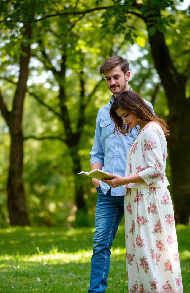 A scene featuring a man watching a woman protectively in a serene, outdoor setting