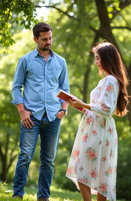 A scene featuring a man watching a woman protectively in a serene, outdoor setting