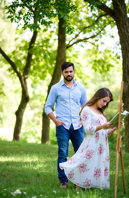 A scene featuring a man watching a woman protectively in a serene, outdoor setting