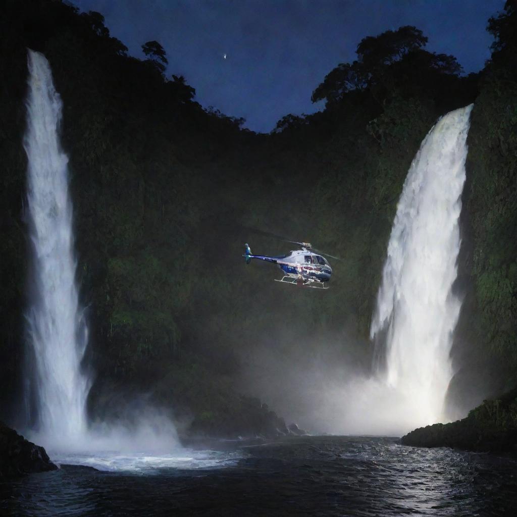 Alter the image to present John Hammond's and Alan Grant's helicopter landing by the waterfall on Isla Nublar at night, with moonlit water vapor and glowing lights from the island illuminating the scene.