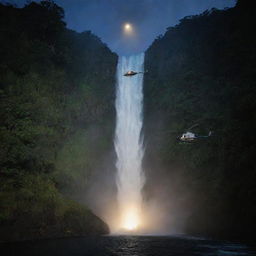 Alter the image to present John Hammond's and Alan Grant's helicopter landing by the waterfall on Isla Nublar at night, with moonlit water vapor and glowing lights from the island illuminating the scene.