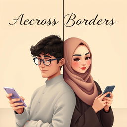 A captivating full-body book cover design featuring a man and a woman, both Muslim, elegantly separated by a vertical line in the center to symbolize their long-distance relationship
