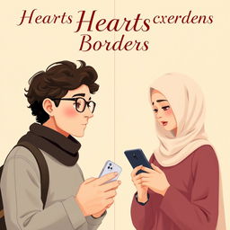 A captivating full-body book cover design featuring a man and a woman, both Muslim, elegantly separated by a vertical line in the center to symbolize their long-distance relationship