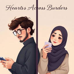A captivating full-body book cover design featuring a man and a woman, both Muslim, elegantly separated by a vertical line in the center to symbolize their long-distance relationship