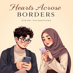 A captivating full-body book cover design featuring a man and a woman, both Muslim, elegantly separated by a vertical line in the center to symbolize their long-distance relationship