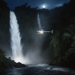 Alter the image to present John Hammond's and Alan Grant's helicopter landing by the waterfall on Isla Nublar at night, with moonlit water vapor and glowing lights from the island illuminating the scene.