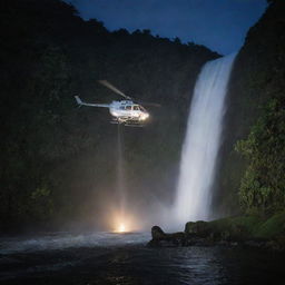 Alter the image to present John Hammond's and Alan Grant's helicopter landing by the waterfall on Isla Nublar at night, with moonlit water vapor and glowing lights from the island illuminating the scene.