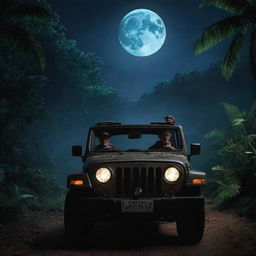 Change the image to show Alan Grant and John Hammond getting into a Jeep with the Jurassic Park logo, at the lush, moonlit Isla Nublar, ready to embark on a night discovery.