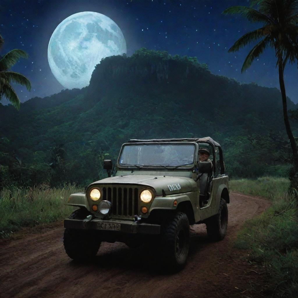 Change the image to show Alan Grant and John Hammond getting into a Jeep with the Jurassic Park logo, at the lush, moonlit Isla Nublar, ready to embark on a night discovery.