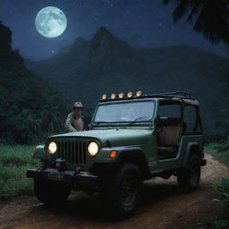 Change the image to show Alan Grant and John Hammond getting into a Jeep with the Jurassic Park logo, at the lush, moonlit Isla Nublar, ready to embark on a night discovery.