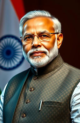 A portrait of Narendra Modi, the Prime Minister of India, depicted in a dignified and powerful stance