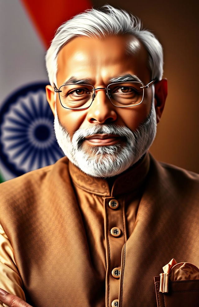 A portrait of Narendra Modi, the Prime Minister of India, depicted in a dignified and powerful stance