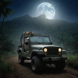 Change the image to show Alan Grant and John Hammond getting into a Jeep with the Jurassic Park logo, at the lush, moonlit Isla Nublar, ready to embark on a night discovery.