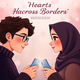 An elegantly designed novel cover that represents long-distance online love between two Muslims, featuring a sophisticated animated style similar to the 'Love Hypothesis' cover