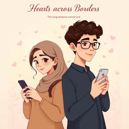 An elegantly designed novel cover that represents long-distance online love between two Muslims, featuring a sophisticated animated style similar to the 'Love Hypothesis' cover