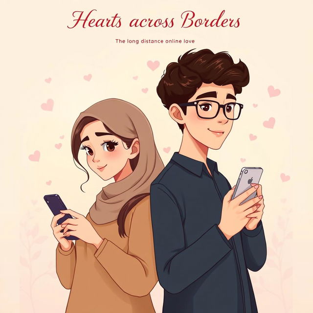 An elegantly designed novel cover that represents long-distance online love between two Muslims, featuring a sophisticated animated style similar to the 'Love Hypothesis' cover