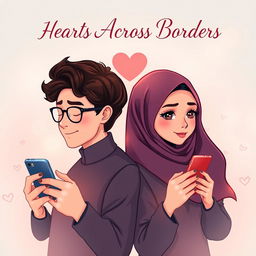 An elegantly designed novel cover that represents long-distance online love between two Muslims, featuring a sophisticated animated style similar to the 'Love Hypothesis' cover