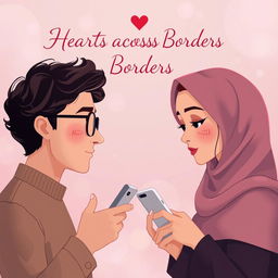 An elegantly designed novel cover that represents long-distance online love between two Muslims, featuring a sophisticated animated style similar to the 'Love Hypothesis' cover