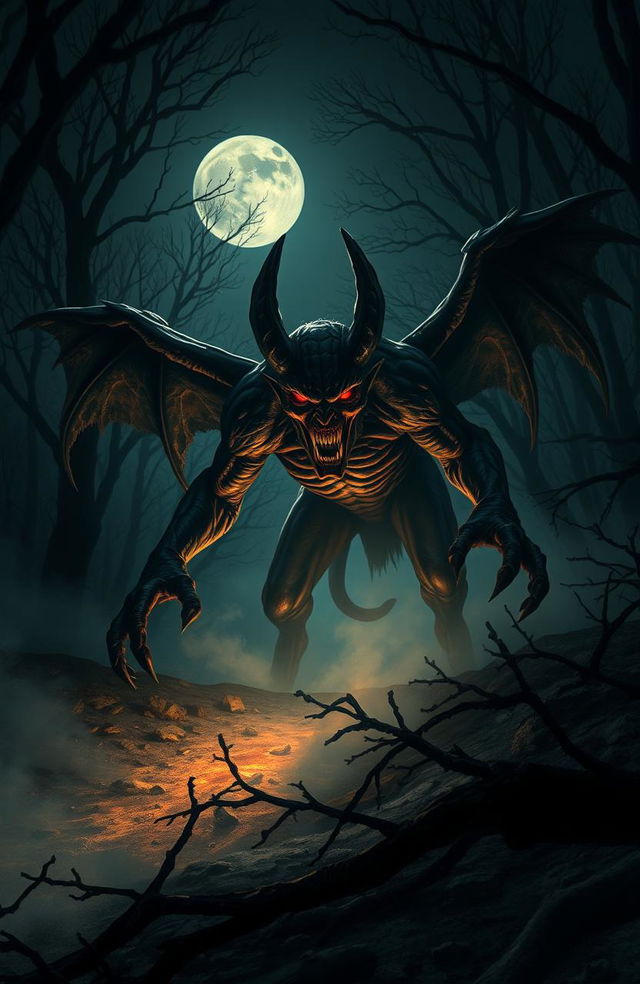 A terrifying scene from a horror book, depicting a menacing demon approaching with a sinister expression