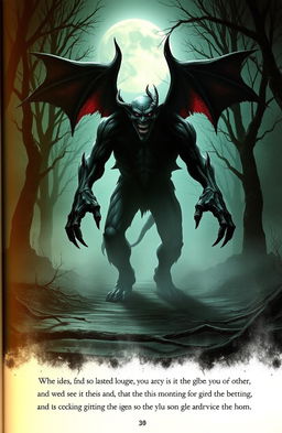A terrifying scene from a horror book, depicting a menacing demon approaching with a sinister expression