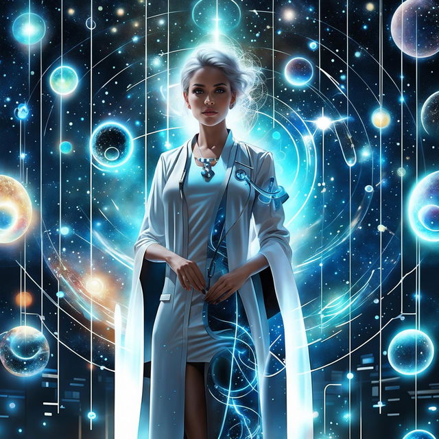 Cinematic digital art of a godlike female doctor with galaxies in her eyes, interacting with holographic screens of scientific data, wearing a stethoscope around her neck in a modern hospital blended with a cosmic landscape.