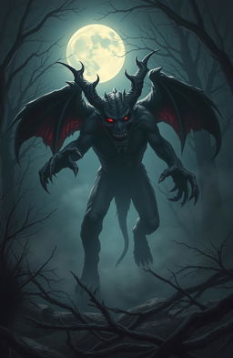 A terrifying scene from a horror book, depicting a menacing demon approaching with a sinister expression