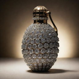 A luxurious hand grenade adorned with gleaming diamonds, sparkling under soft light, creating a contrasting visual of danger and opulence.