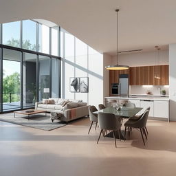 A beautifully designed open space of 7x9 meters, featuring a stylish living-dining area integrated with a modern kitchen