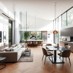 A beautifully designed open space of 7x9 meters, featuring a stylish living-dining area integrated with a modern kitchen