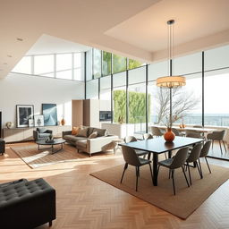 A beautifully designed open space of 7x9 meters, featuring a stylish living-dining area integrated with a modern kitchen