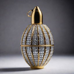 A luxurious hand grenade adorned with gleaming diamonds, sparkling under soft light, creating a contrasting visual of danger and opulence.